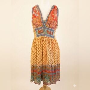 Vintage 100% Silk ICE Boho Floral Midi Dress Beaded V-Neck Whimsigoth SZ 8